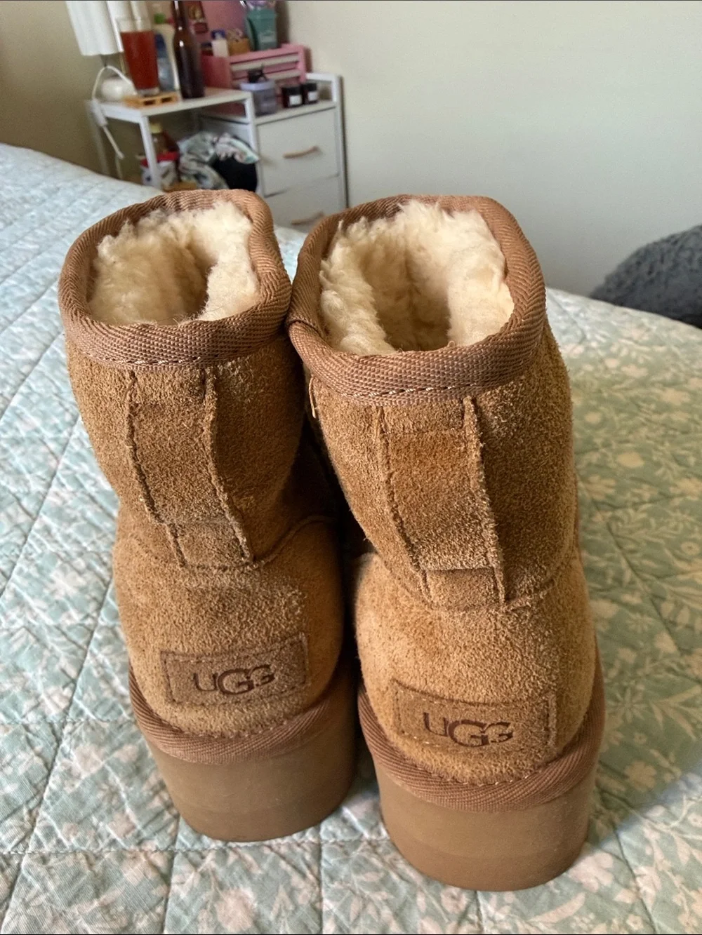 UGG Chestnut Suede Short Platform Booties with Shearling